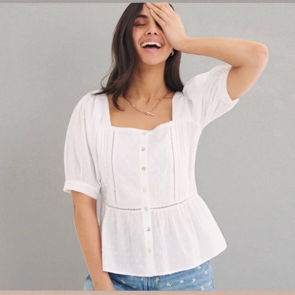 Nobody's Child White Cotton Peasant Blouse with Puff Sleeves and Peplum Size UK8